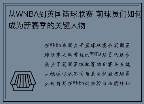 从WNBA到英国篮球联赛 前球员们如何成为新赛季的关键人物